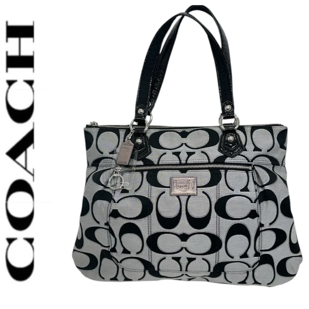 Coach Poppy Signature Glam Tote Gray Black Op Art Canvas Shoulder Bag NWOT $498